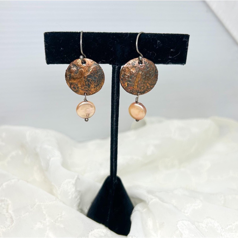 Handmade Sterling Silver Hammered Copper Moon Real Pearl Drop Earrings Celestial
